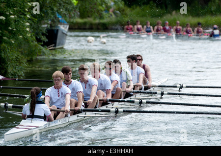 Cambridge May Bumps, a St. Catherine`s College men`s eight wearing willow twigs after achieving a bump. Stock Photo